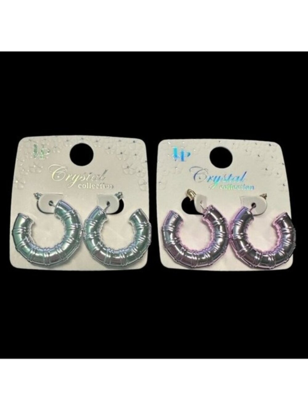Crystal Collection Metallic Hoop Earrings In Iridescent Pink Green Finish